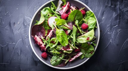 Poster - Close up of fresh salad with raspberries and leafy greens