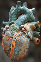 A close up of a model heart with blood vessels and veins, AI