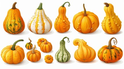 Canvas Print - Seasonal fall harvest of pumpkins, butternut squash, and gourds. Halloween orange and yellow vegetables. Flat modern illustration in a flat style on white.