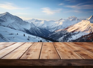 Photo of a wooden table with nature landscape in the background