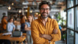 © P - Entrepreneur stands proudly amid thriving business, surrounded by satisfied customers, employees, celebrating success of building enterprise from ground up.