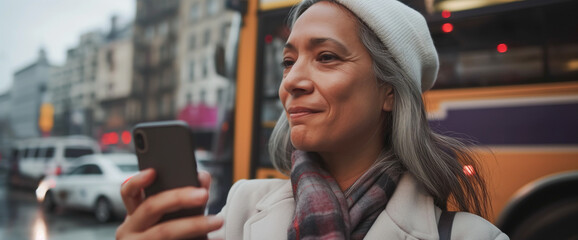 Mature woman using cell phone downtown on busy urban street with traffic and city bus