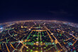 aerial view of illuminated night city panorama of Paris with street lights, drone top view from above, Champs Elysees and Elysee Palace, France