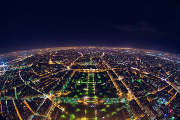 Wall Mural - aerial view of illuminated night city panorama of Paris with street lights, drone top view from above, Champs Elysees and Elysee Palace, France