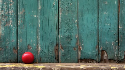 A red ball sitting on a wooden bench next to green painted wall, AI