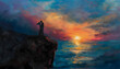 Ethereal oil painting of a couples silhouette embracing on a cliff overlooking the ocean at sunsetar Generative AI