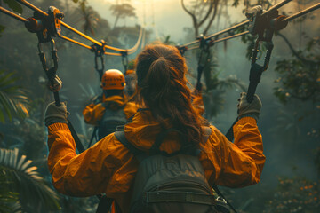 Poster - Parents and kids embarking on a thrilling zip-lining adventure through a lush forest canopy, feeling the rush of adrenaline as they soar through the air.  Generative Ai.