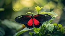 Red Black Butterfly Perched Leaf