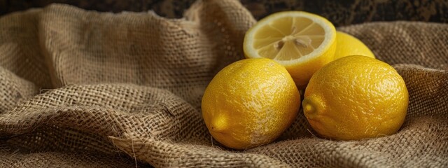 Wall Mural - lemons on a burlap background. selective focus