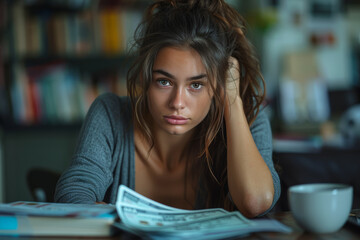 Poster - A woman anxiously checking her bank account balance online, dreading the impending arrival of mounting credit card bills. Concept of financial anxiety and looming debt. Generative Ai.