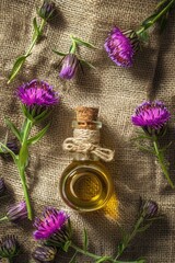 milk thistle essential oil on the background of burlap top view