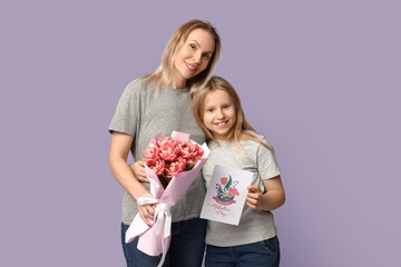 Sticker - Cute little girl with her mom, bouquet and festive postcard for Mother's Day on lilac background