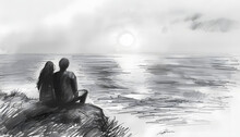 Delicate Pencil Sketch Of A Couple Watching The Sunset From A Cliff Overlooking The Oceanar74v60 Generative AI