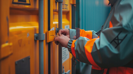 Close-up of a cargo port worker affixing safety warnings and hazard labels to cargo containers before loading them onto a ship, the precautionary measures ensuring compliance with