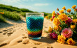 Vibrant summer cocktail in dragon patterned glass on a sandy beach, surrounded by fresh yellow and pink flowers under a clear blue sky.