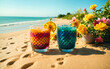 Two vibrant color summer cocktails in dragon patterned glasses on a sandy beach, surrounded by fresh yellow and pink flowers under a clear blue sky.