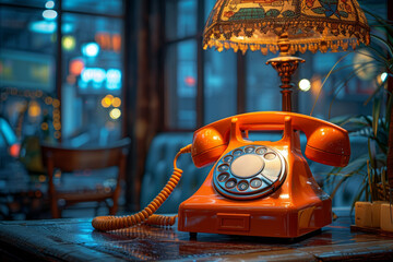 A classic rotary phone sitting on a retro desk, representing the communication devices of the 1960s. Concept of nostalgic telephone technology. Generative Ai.