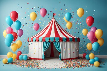 Poster -  Circus tent with balloons and confetti designs, 3D rendering design 