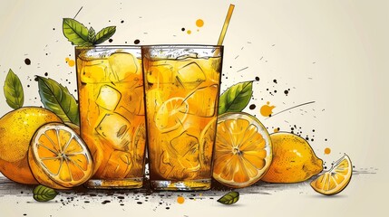 Wall Mural - Continually drawn modern illustration of stylized lemonade ice logo label. Concept for lemon drink menu on drink menus in cafe shops or food delivery companies.