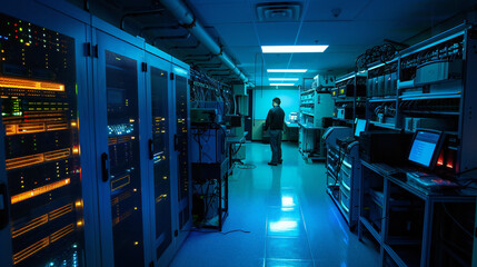 Tech Worker in Server Room: Focused and Committed to Efficient Data Management