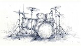 This is a concept drawing of a drum band set. Percussion music instruments are arranged in a line drawing design for a trend-setting graphic modern illustration.