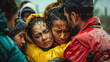 A group of survivors huddled together in the aftermath of a natural disaster, supporting each other emotionally and physically as they await rescue and rebuild their lives.