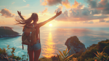 Wall Mural - A breathtaking moment captured as someone stands on a scenic overlook, arms outstretched and face lifted towards the sun, experiencing pure elation and gratitude at the beauty of their surroundings