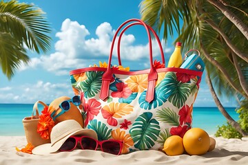 Wall Mural -  A beach bag filled with vibrant summer accessories is set against the backdrop of a tropical beach. The scene encapsulates the carefree spirit of summer vacation design. 
