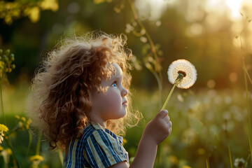 Wall Mural - Baby 4 years, with blue eyes, small curls. A wonderful time of childhood and adventure. Warm sunlight. Holding a dandelion