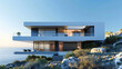A Modern Haven by the Seashore: A Rendering of a Sleek, Contemporary House Overlooking Tranquil Waters and Azure Skies