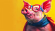 Super Pig Hero Saves the Day on a Yellow Background