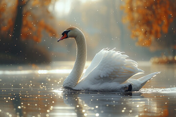 Wall Mural - The elegant beauty of a graceful swan gliding across a tranquil pond, its reflection shimmering in the water. Concept of natural elegance. Generative Ai.