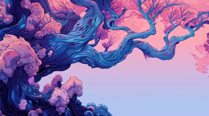 Canvas Print - A painting of a tree with pink and blue colors, AI