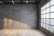 © Five Million Stocks - Contemporary empty concrete interior with mock up place on wall, wooden flooring, panoramic windows and daylight. 3D Rendering.