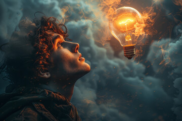 Poster - Someone lost in thought, with a gleaming lightbulb hovering above them, signaling a spark of ingenuity. Concept of creativity and invention. Generative Ai.