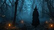 © Boraryn - Witch standing with back turned in spooky dark forest with torches, Halloween, dead barren trees