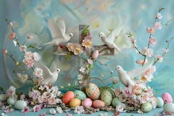 Easter art with crosses, doves. Happy easter. Easter concept