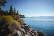 Tranquil lakeside landscape with rocky outcrop, vibrant vegetation, calm blue lake mirroring sky, distant mountains. Elevation viewpoint at Tahoe lake