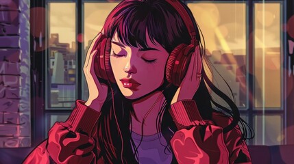 Wall Mural - Beautiful anime girl listening to lofi hip hop music with headphones. Manga, cartoon drawing.