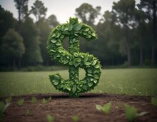 A Large Green Dollar Sign Symbol Made Of Leaves And Plants, Standing In A Grassy Field With Trees In The Background