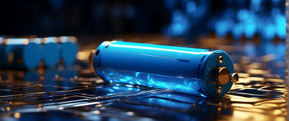 An isolated battery surrounded by blue energy particles and reflective surface, illustrating power, rechargeable technology and sustainable energy concepts