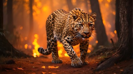 Wall Mural - portrait of a leopard, A leopard in the wild is ambling through a woodland that is on fire. Orange and yellow flames engulf the forest, casting an ominous glow. The leopard fur is illuminated by the f