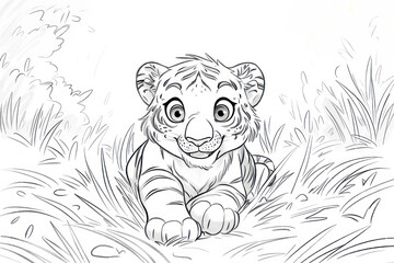 cute tiger cub in grassland coloring sketch for children