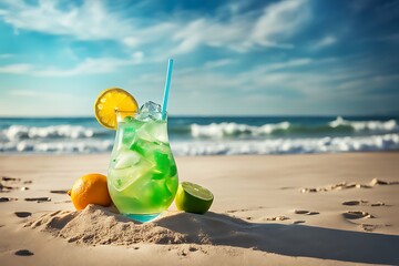  Refreshing citrus beach cocktail with ice in sand by sea waves on hot summer day. Lots of copy space. Based on Generative AI 