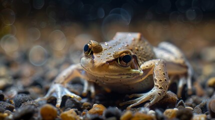 Detailed close-up of a brown tree frog sitting on a bed of brown pebbles with a soft-focus background and visible textures on frog's skin