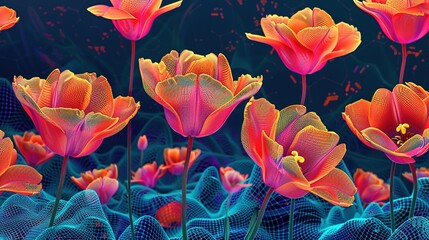 Poster - Cyberfloral Matrix' around a surreal digital tulip field, blending digital matrix aesthetics with vibrant floral patterns, in tulip orange and code blue