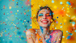portrait of a beautiful smiling woman with flying confetti