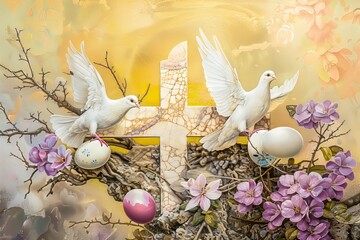 Easter art with crosses, doves. Happy easter. Easter concept