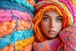 a beautiful woman surrounded by knitwear, winter fashion concept