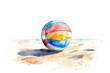 Minimalistic watercolor of beach volleyball on a white background, cute and comical,